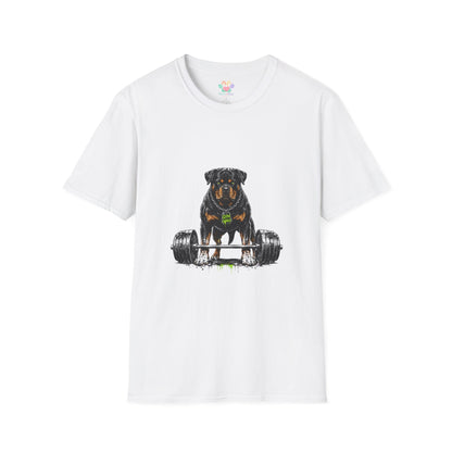 Rottweiler weightlifting t-shirt, strong Rottweiler dog with barbell graphic, white