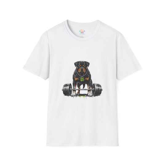Rottweiler weightlifting t-shirt, strong Rottweiler dog with barbell graphic, white
