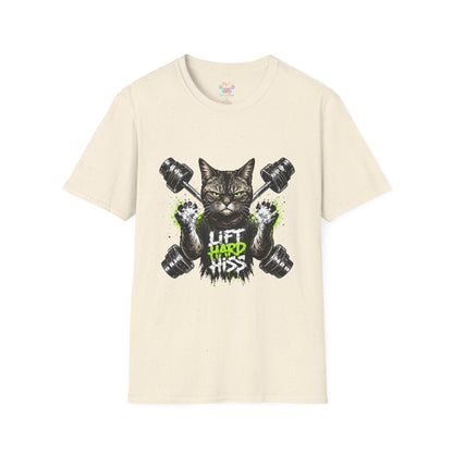 Lift Hard Hiss Harder cat t-shirt, gym enthusiast cat with crossed dumbbells illustration, natural