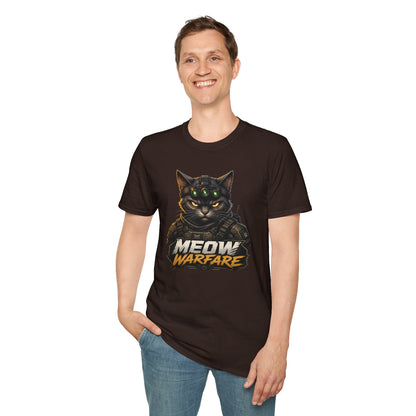 Meow Warfare t-shirt, tactical cat parody design with combat black cat graphic, dark chocolate