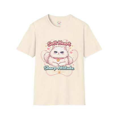 Soft Heart Sharp Attitude cat t-shirt, adorable kitten illustration, funny pet lover quote shirt, natural