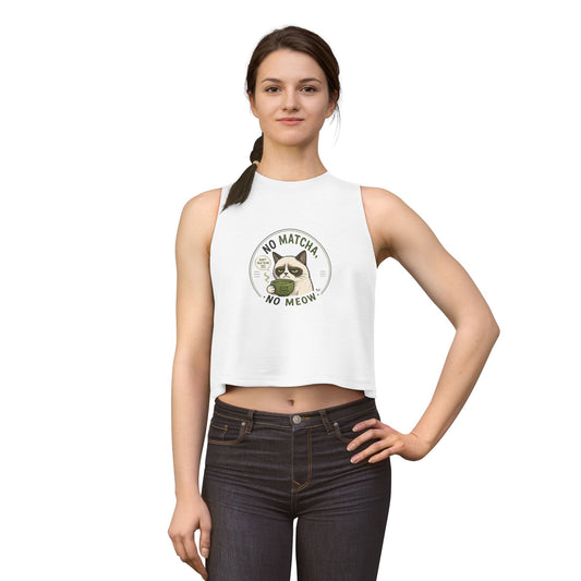 No Matcha No Meow tank top, grumpy cat holding matcha tea cup graphic, white