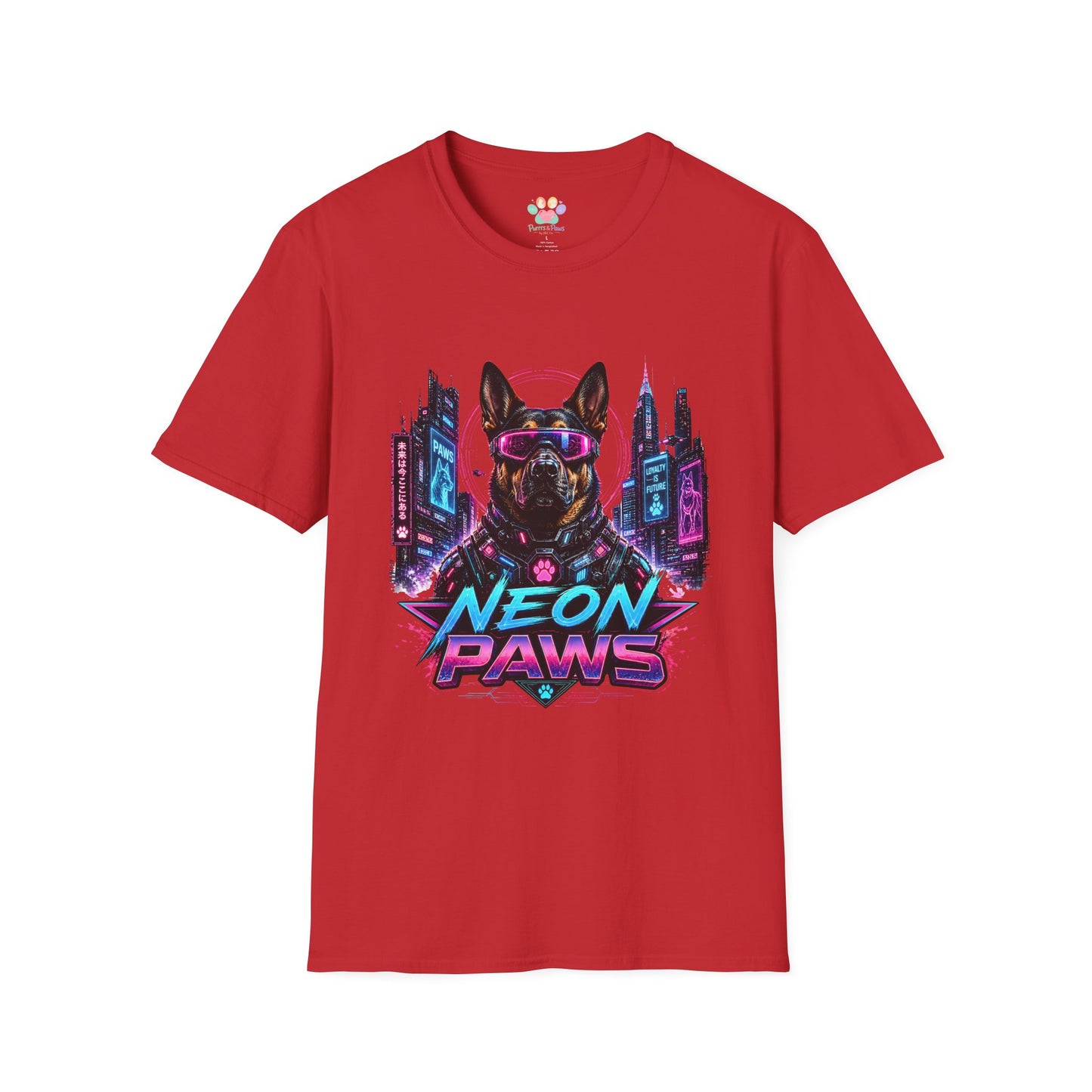 Neon Paws t-shirt, futuristic neon dog design with cyberpunk canine illustration, red