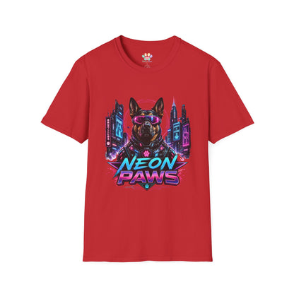 Neon Paws t-shirt, futuristic neon dog design with cyberpunk canine illustration, red