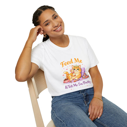 Feed Me & Tell Me I’m Pretty cat t-shirt, cute orange kitten with crown graphic, white