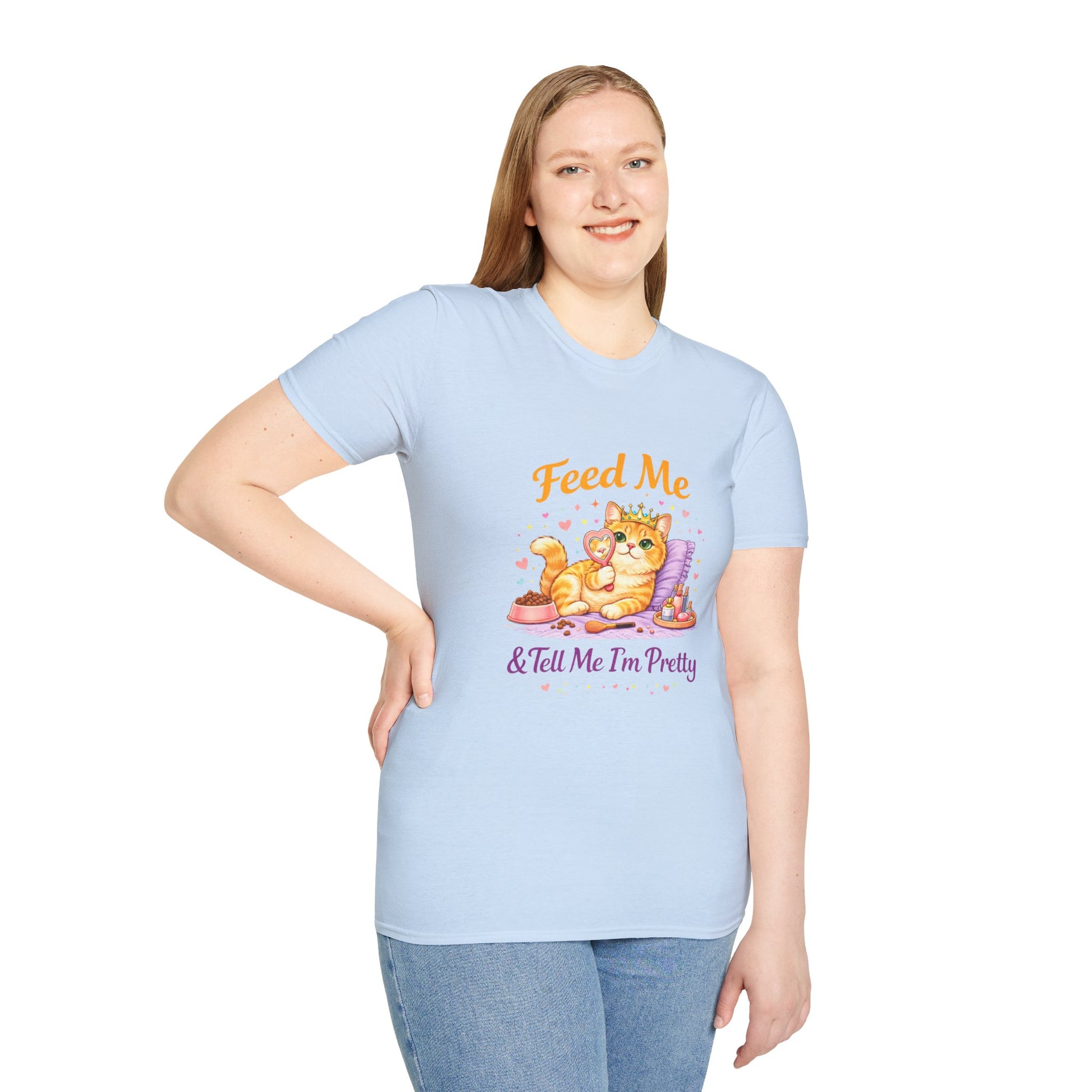 Feed Me & Tell Me I’m Pretty cat t-shirt, adorable kitten princess graphic design, light blue