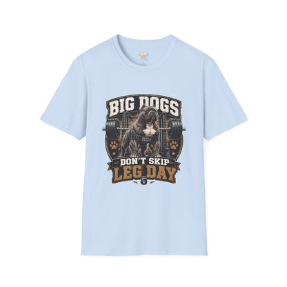 Big Dogs Don’t Skip Leg Day t-shirt, weightlifting dog fitness graphic design, light blue