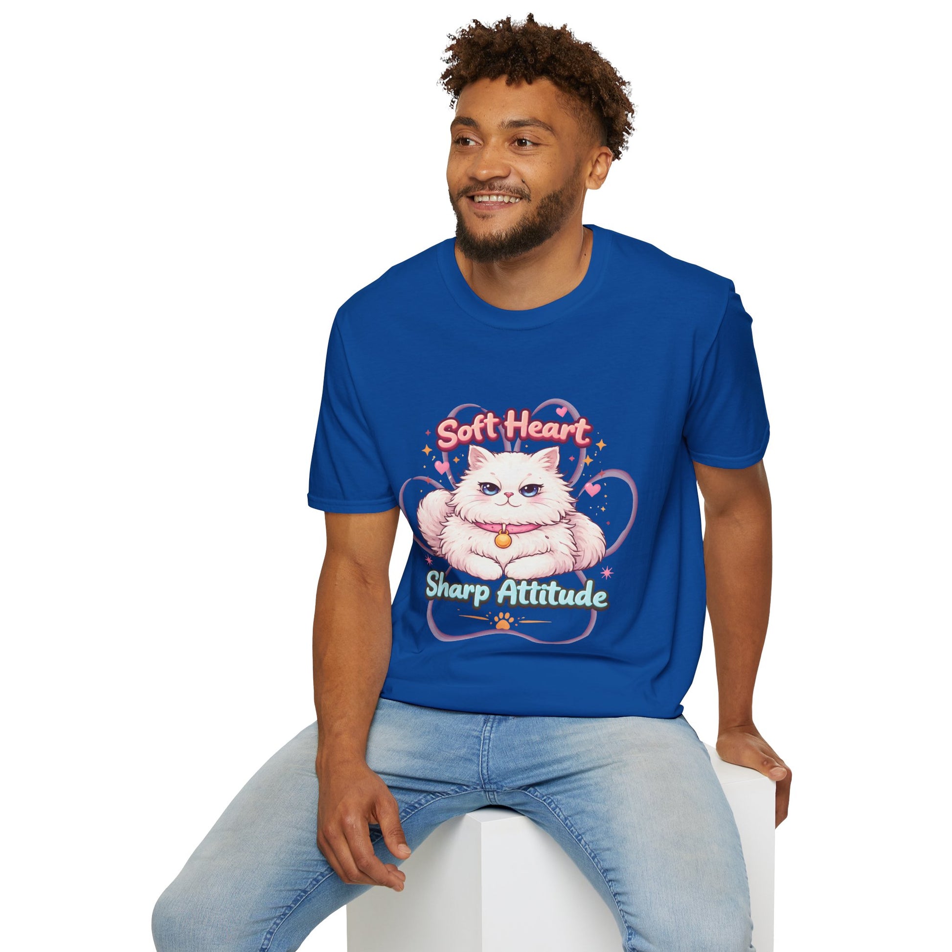 Soft Heart Sharp Attitude cat t-shirt, kawaii fluffy cat design, funny cat lover quote tee, royal blue