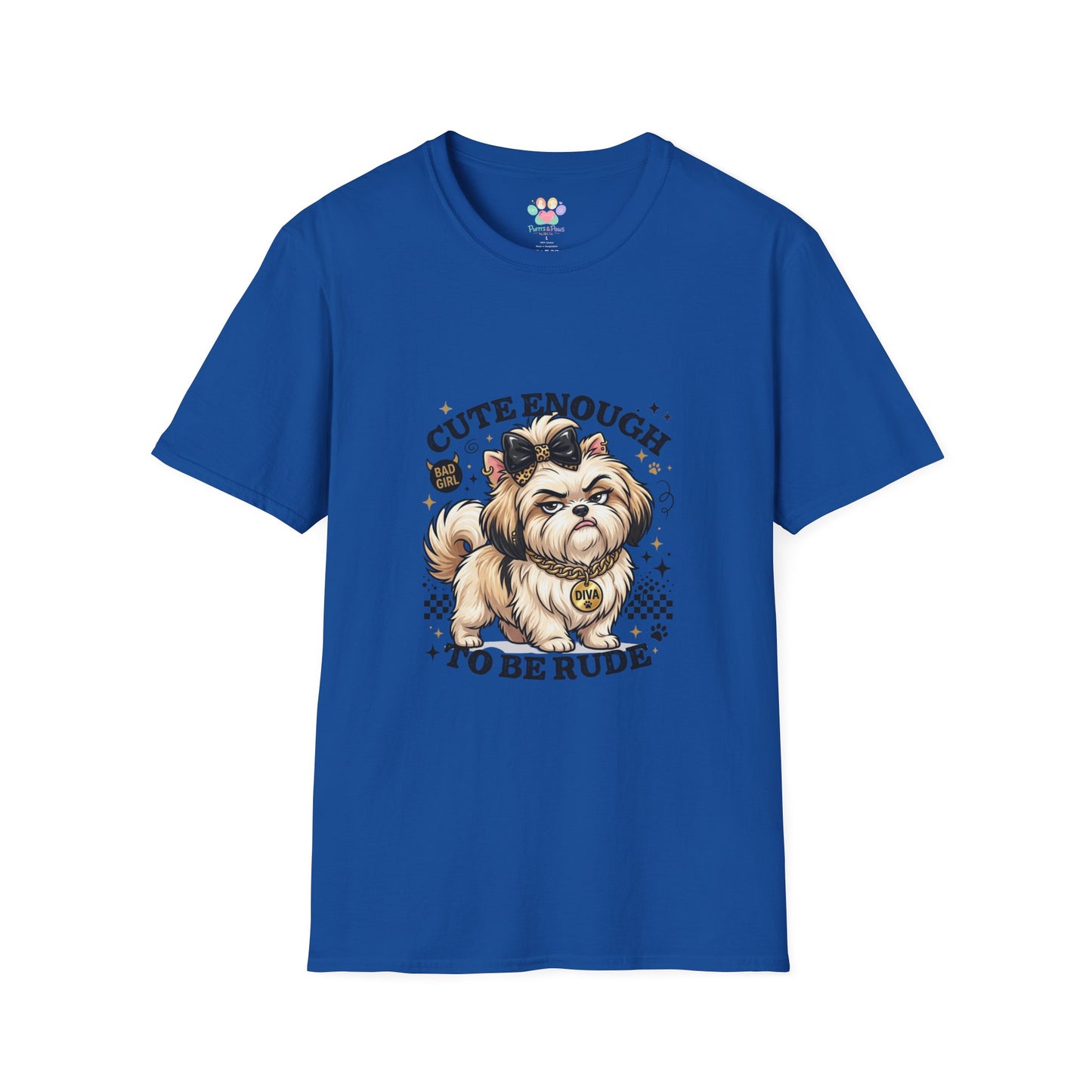 Cute Enough To Be Rude dog t-shirt, sassy puppy with bow and attitude design, royal blue