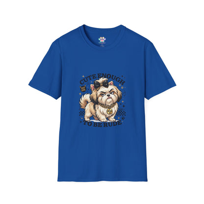 Cute Enough To Be Rude dog t-shirt, sassy puppy with bow and attitude design, royal blue
