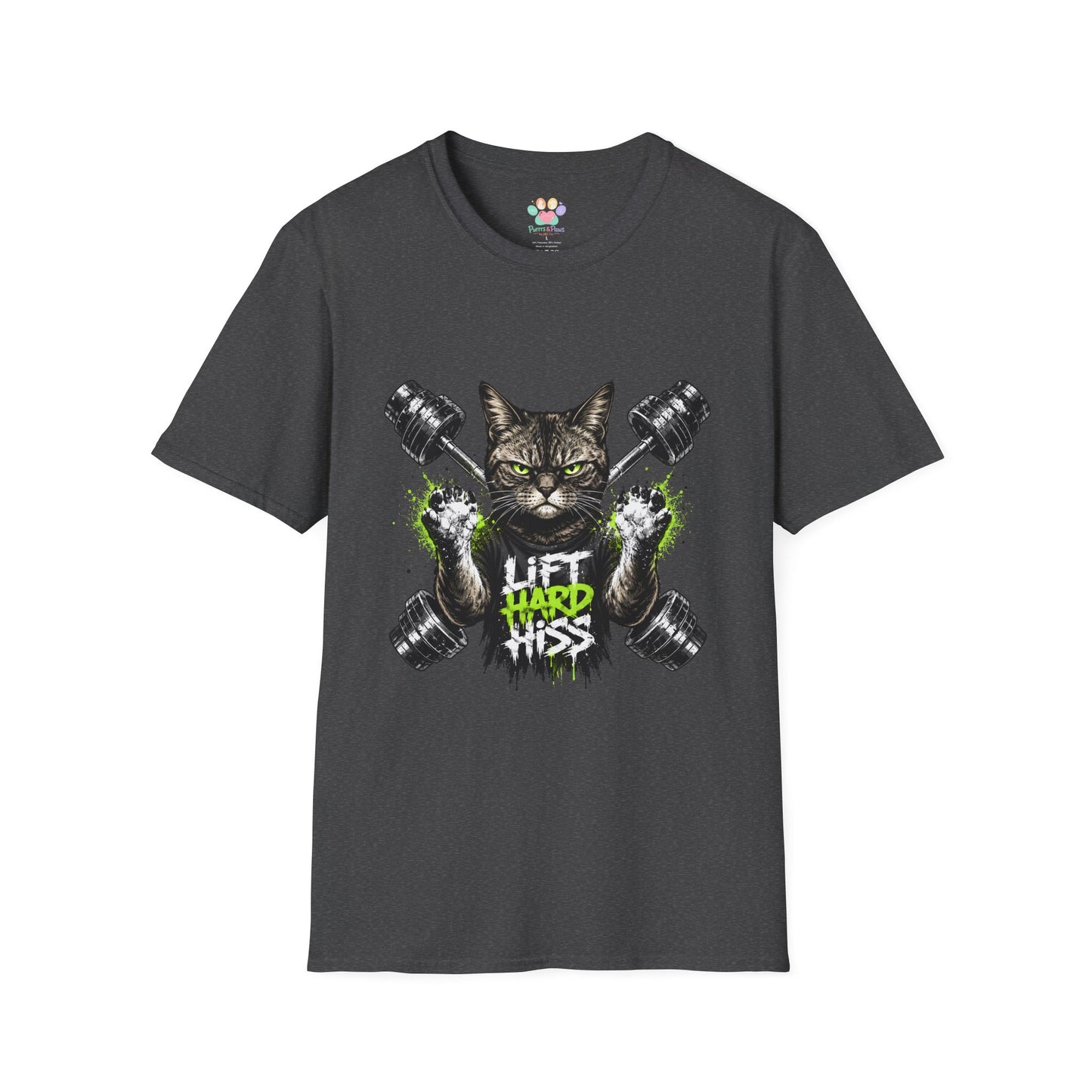 Lift Hard Hiss Harder cat t-shirt, bodybuilding cat fitness graphic design, dark heather