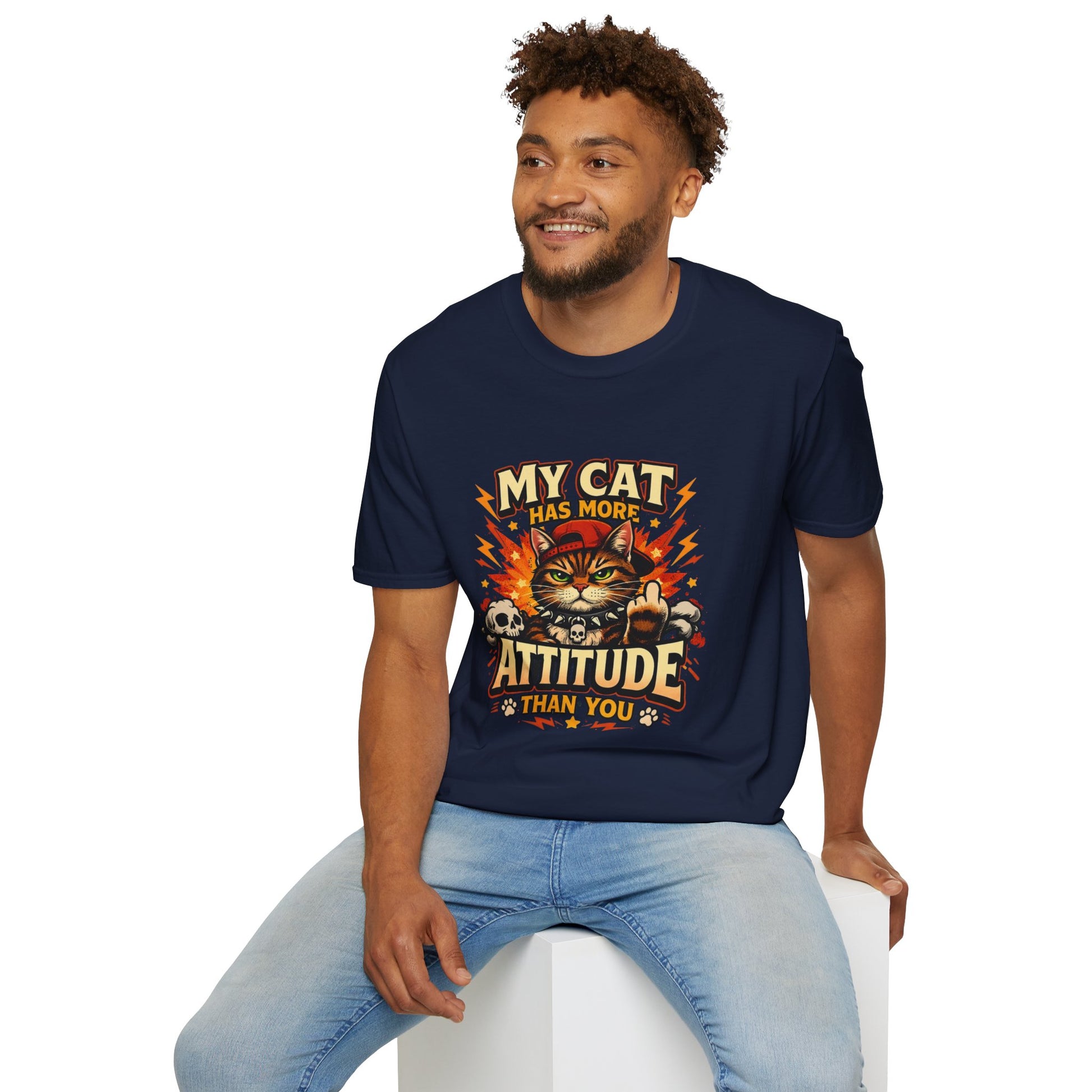 Funny cat graphic tee, sarcastic pet quote, grumpy cat design, navy