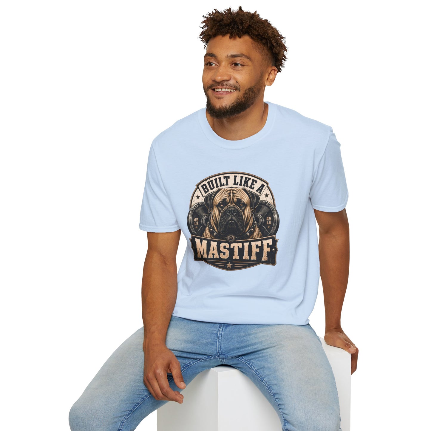 Built Like A Mastiff t-shirt, powerful Mastiff dog illustration for dog lovers, light blue
