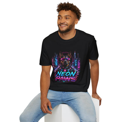 Neon Paws t-shirt, cyberpunk dog graphic with futuristic neon canine artwork, black
