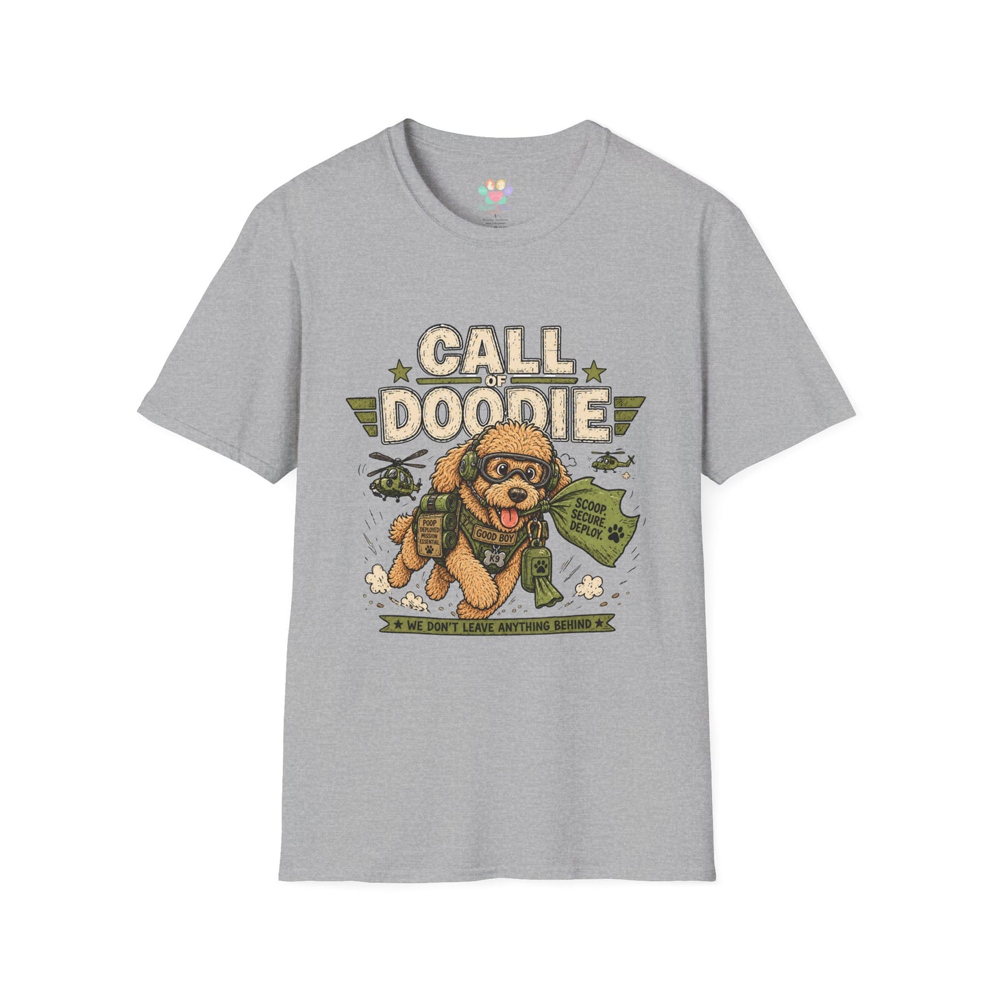 Call of Doodie t-shirt, parody military dog graphic with combat poodle artwork, sport grey
