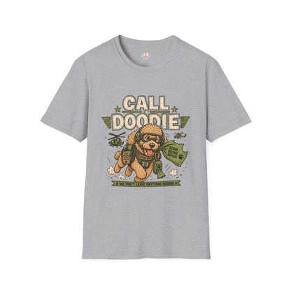 Call of Doodie t-shirt, parody military dog graphic with combat poodle artwork, sport grey