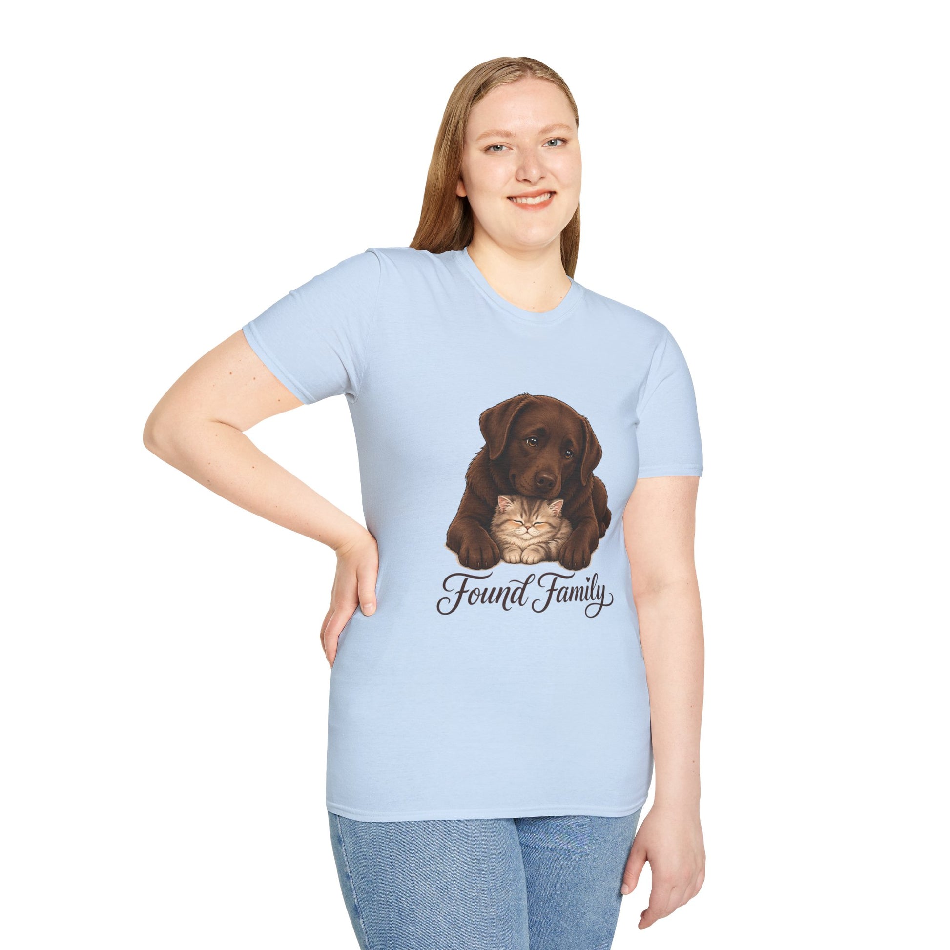 Found Family Labrador Retriever t-shirt, brown lab dog hugging kitten illustration, light blue