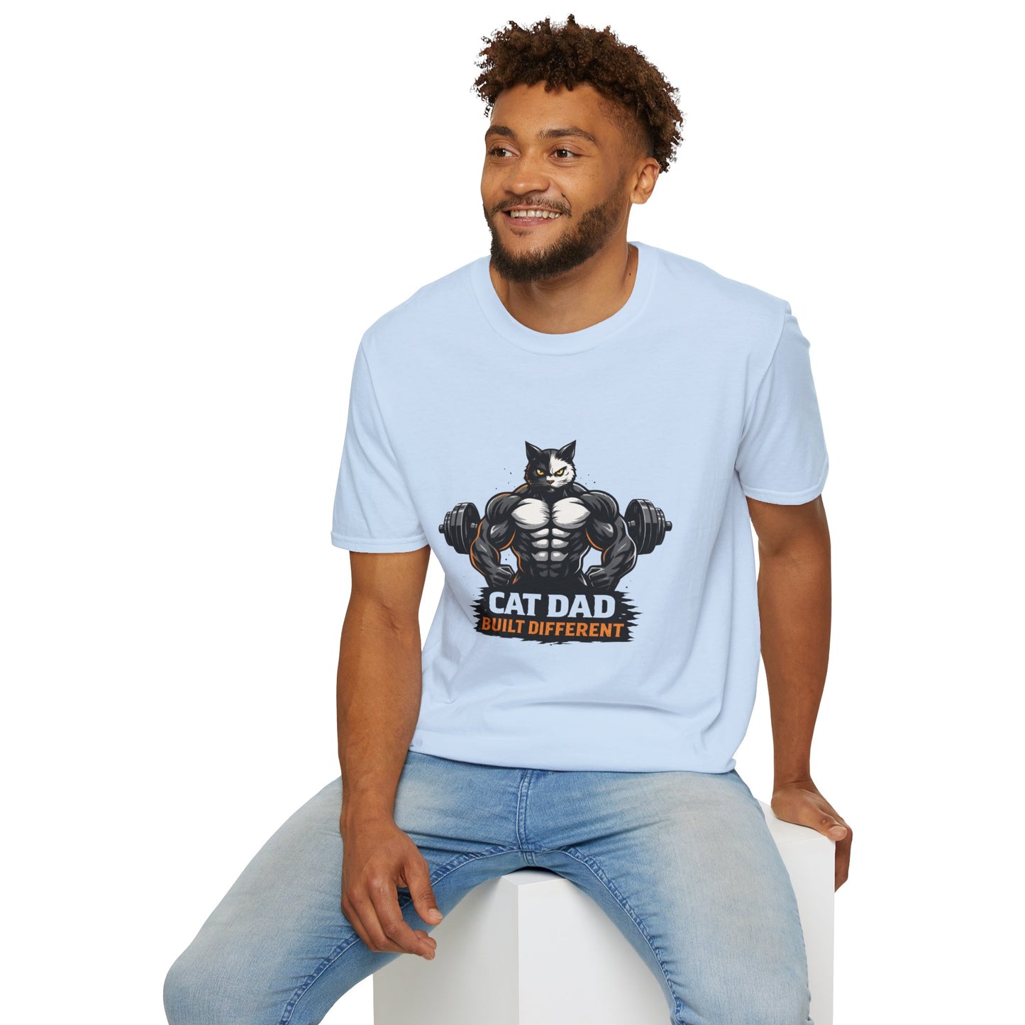 Cat Dad Built Different t-shirt, strong gym cat illustration with weights, fitness cat lover graphic tee, light blue