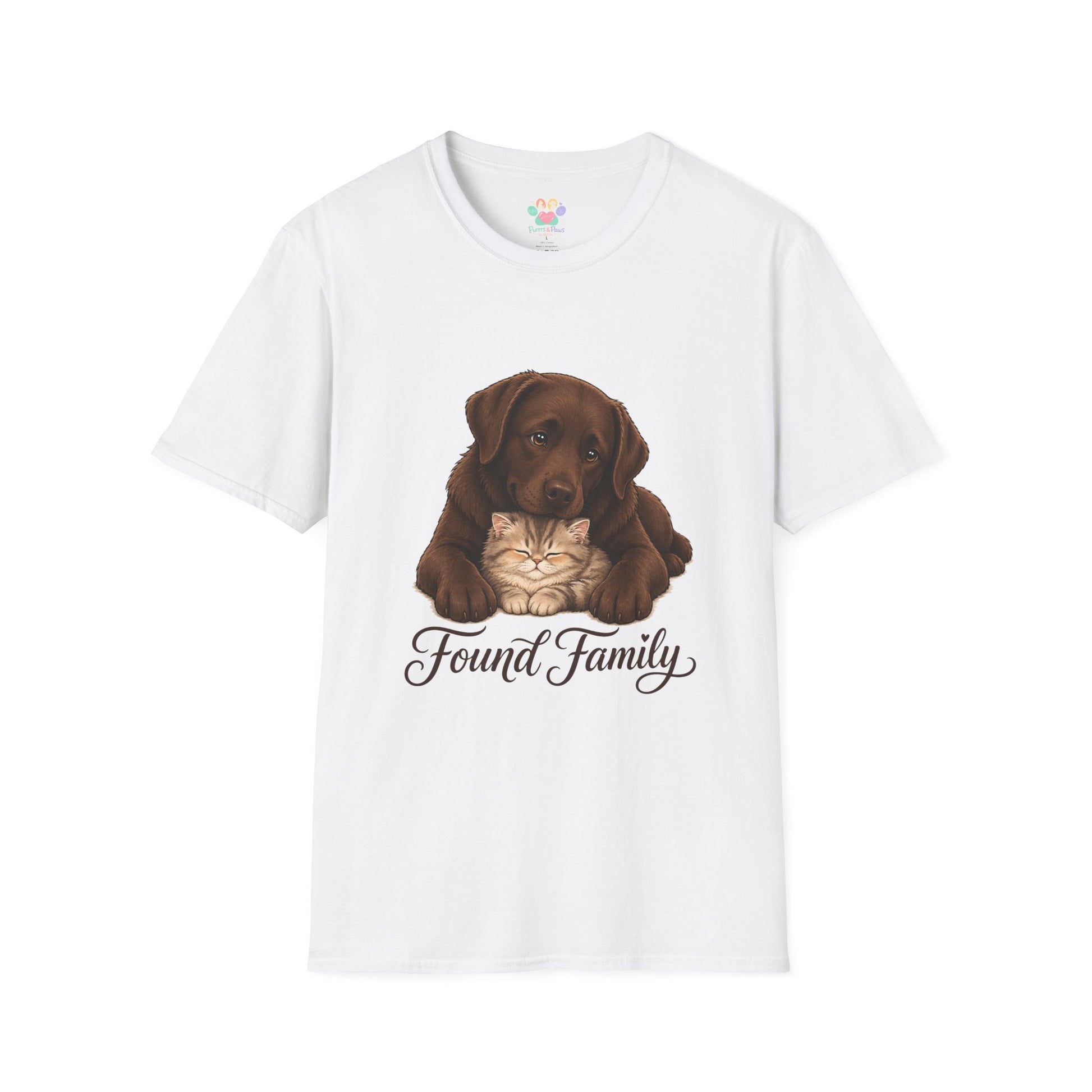 Found Family Labrador Retriever t-shirt, chocolate lab dog cuddling kitten graphic, white