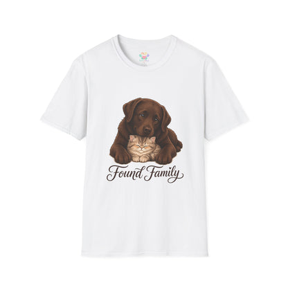 Found Family Labrador Retriever t-shirt, chocolate lab dog cuddling kitten graphic, white