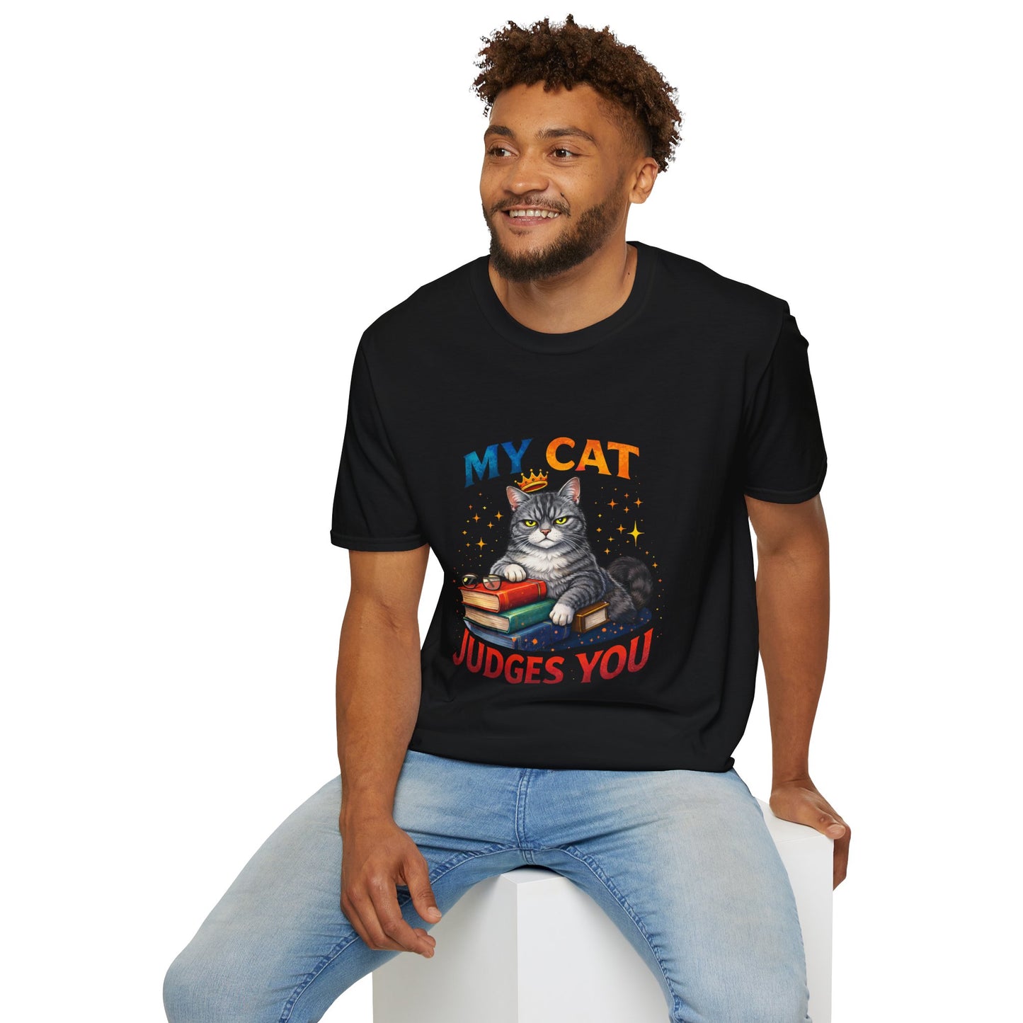 My Cat Judges You t-shirt, gray cat sitting on books with glasses design, black