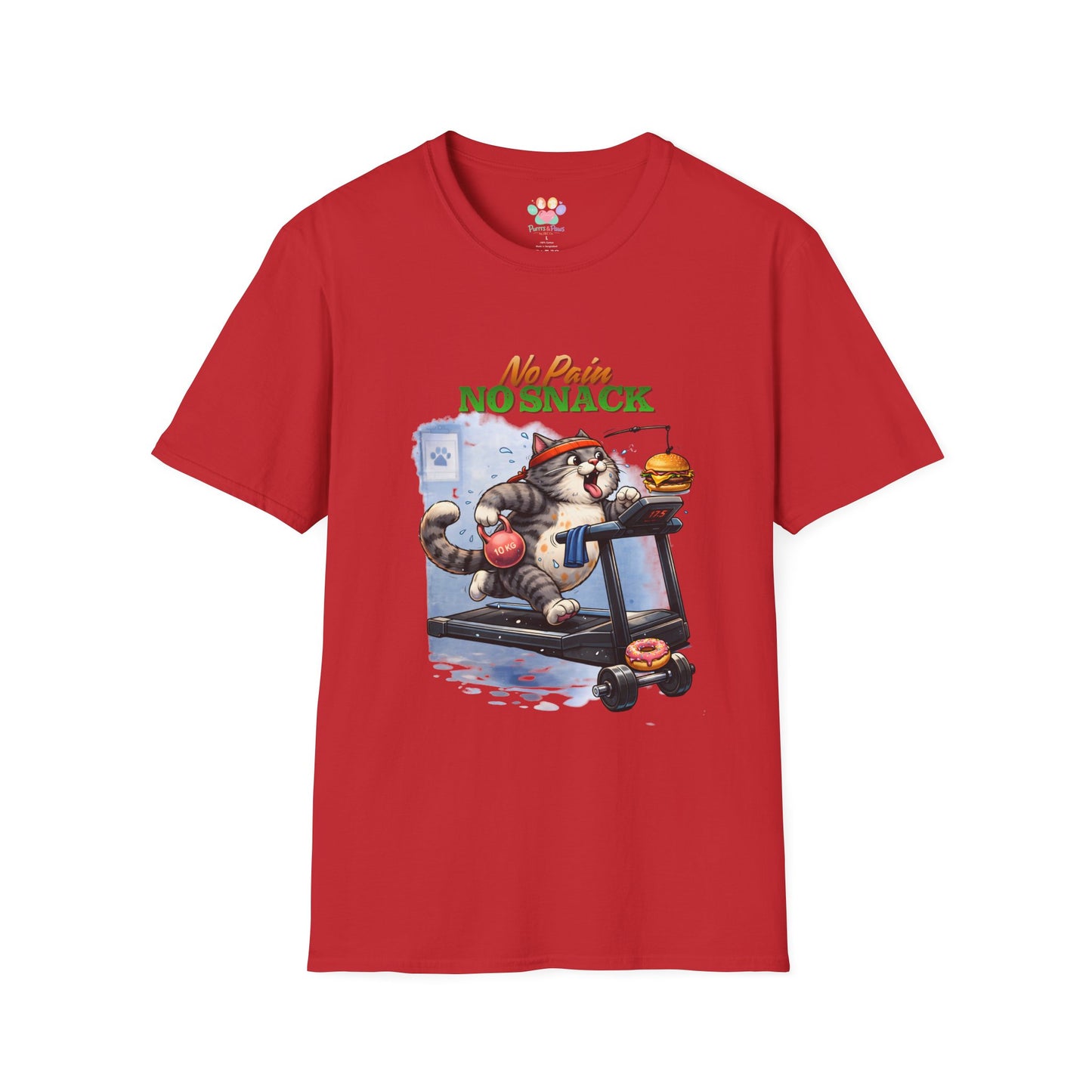 No Pain No Snack t-shirt, cat with food graphic illustration, red