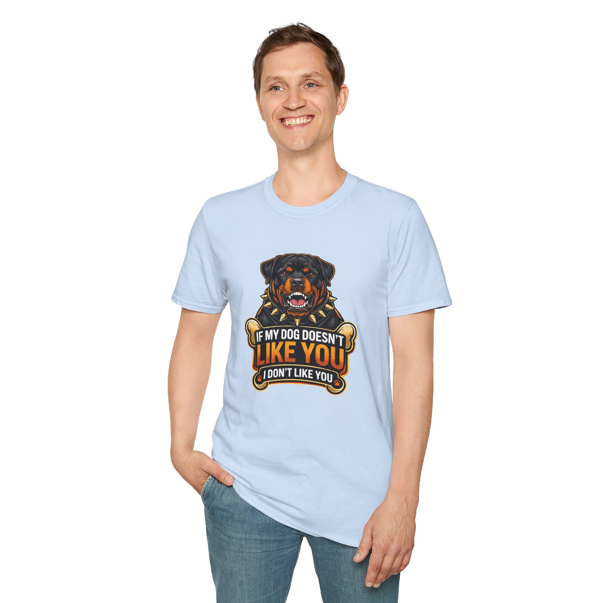 If My Dog Doesn’t Like You t-shirt, Rottweiler illustration, funny dog lover saying, light blue