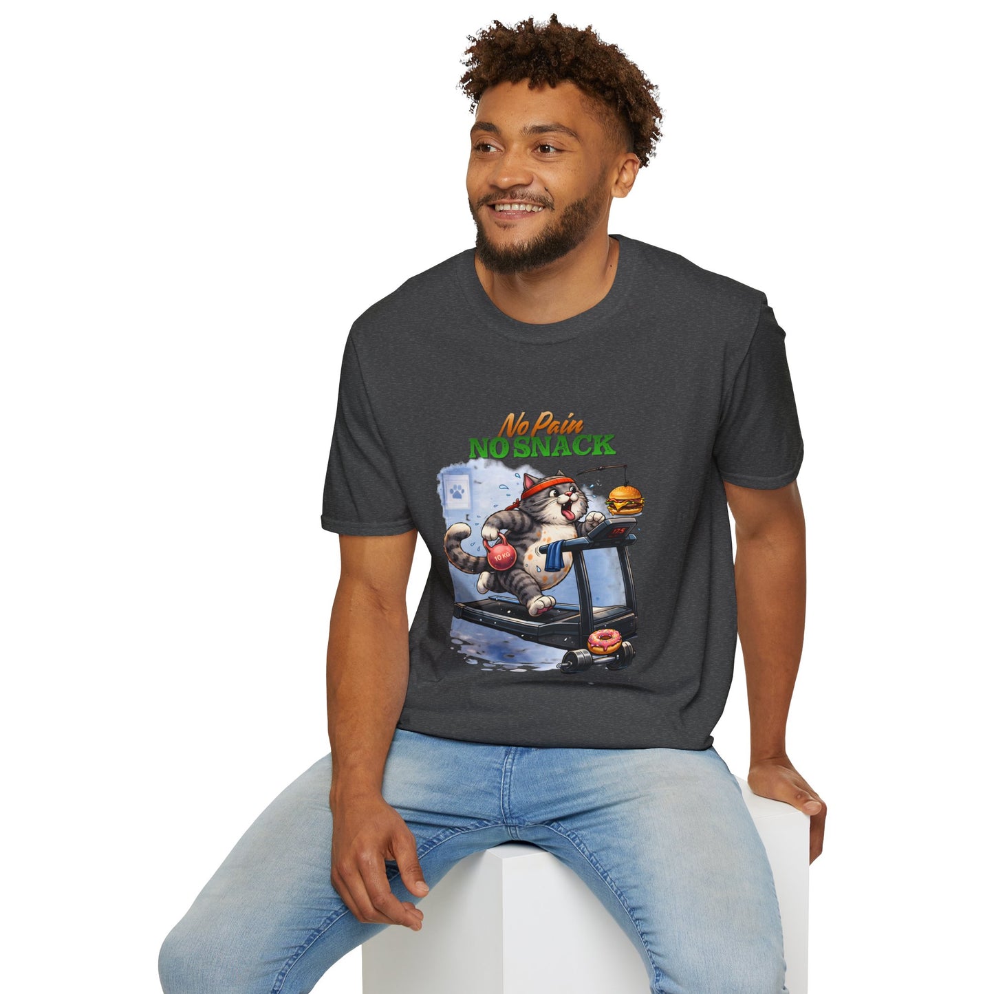 No Pain No Snack t-shirt, cat workout treadmill graphic, dark heather gray