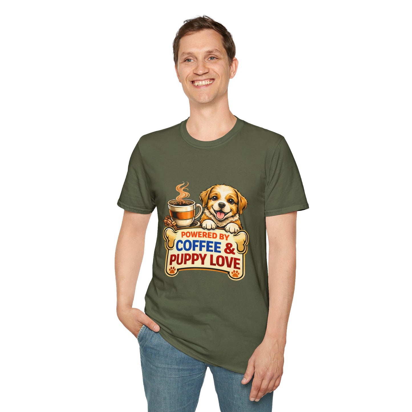Powered By Coffee & Puppy Love t-shirt, adorable puppy graphic, coffee and dog lover design, military green