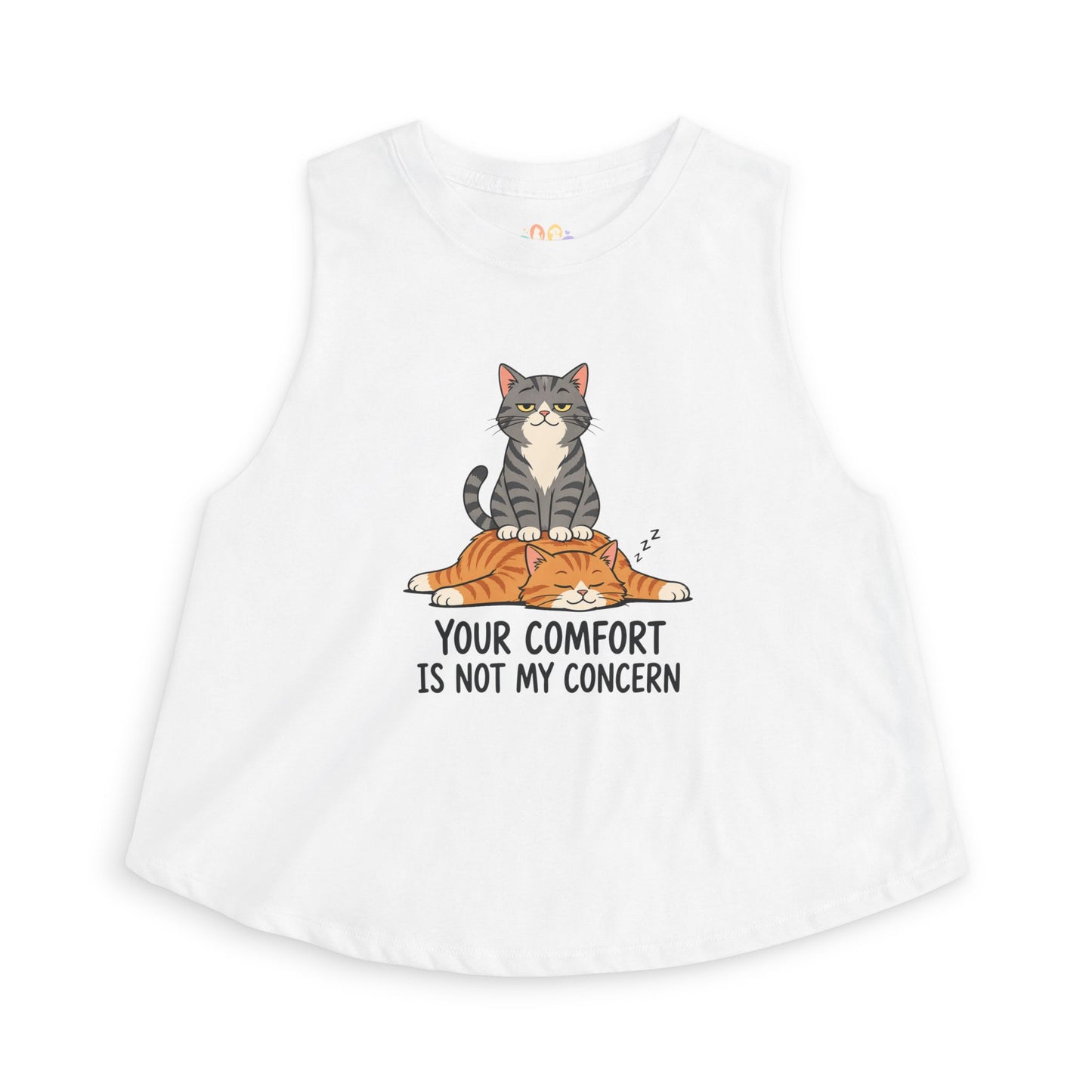 Your Comfort Is Not My Concern tank top, sarcastic cat sitting on another cat graphic, white