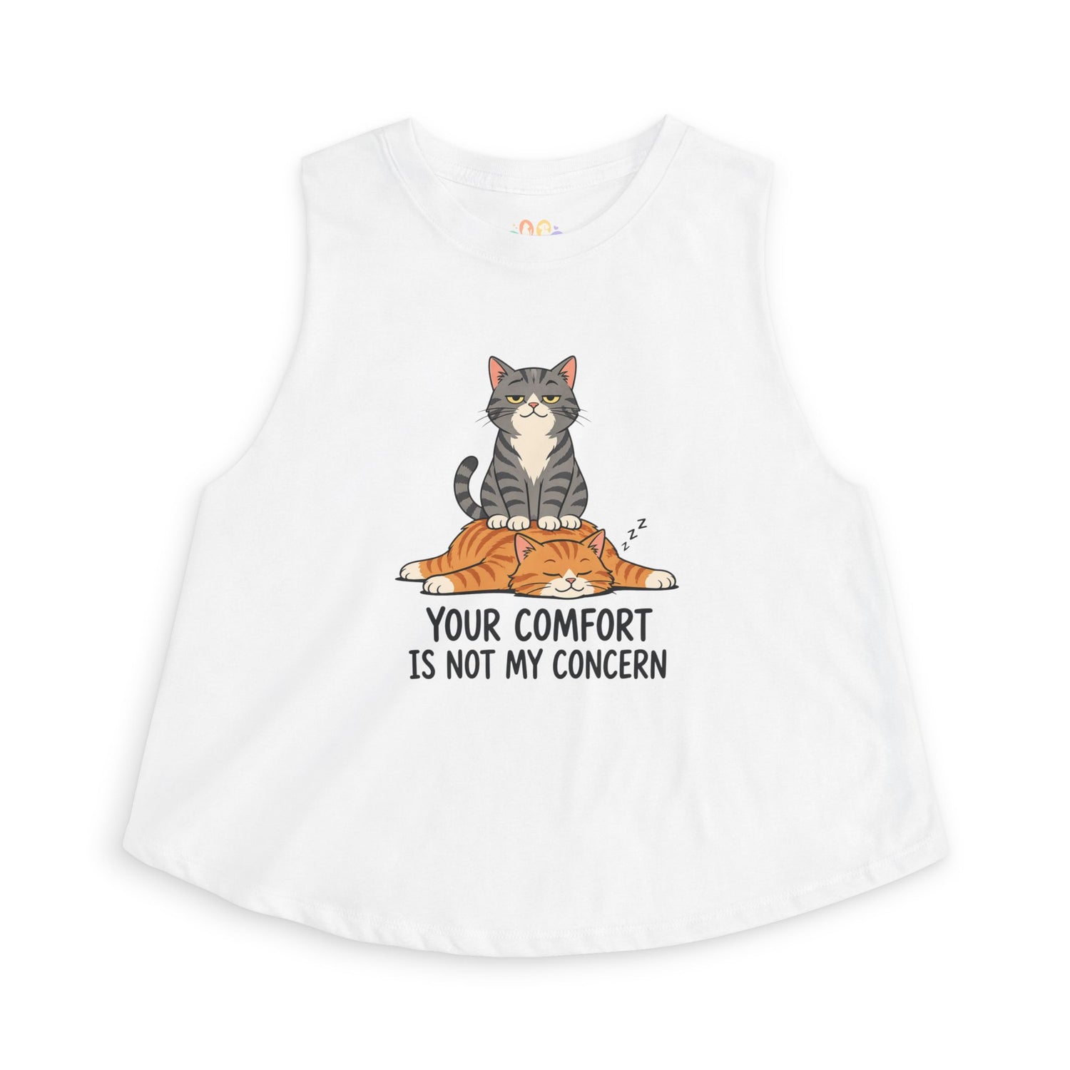 Your Comfort Is Not My Concern tank top, sarcastic cat sitting on another cat graphic, white