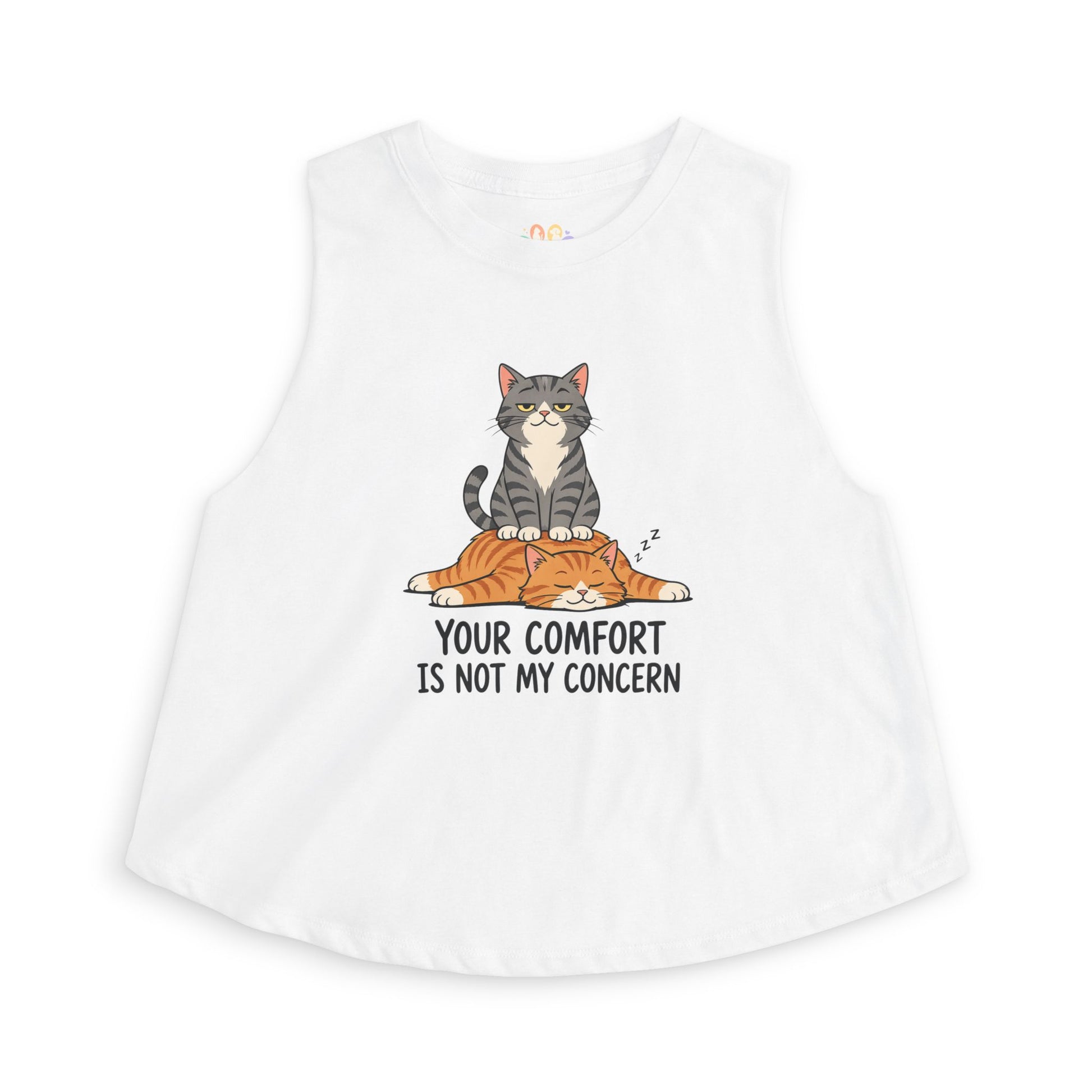 Your Comfort Is Not My Concern tank top, sarcastic cat sitting on another cat graphic, white