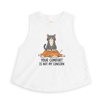 Your Comfort Is Not My Concern tank top, sarcastic cat sitting on another cat graphic, white