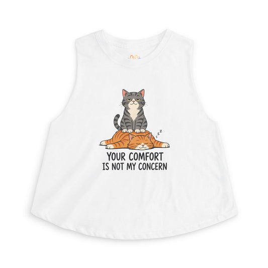 Your Comfort Is Not My Concern tank top, sarcastic cat sitting on another cat graphic, white