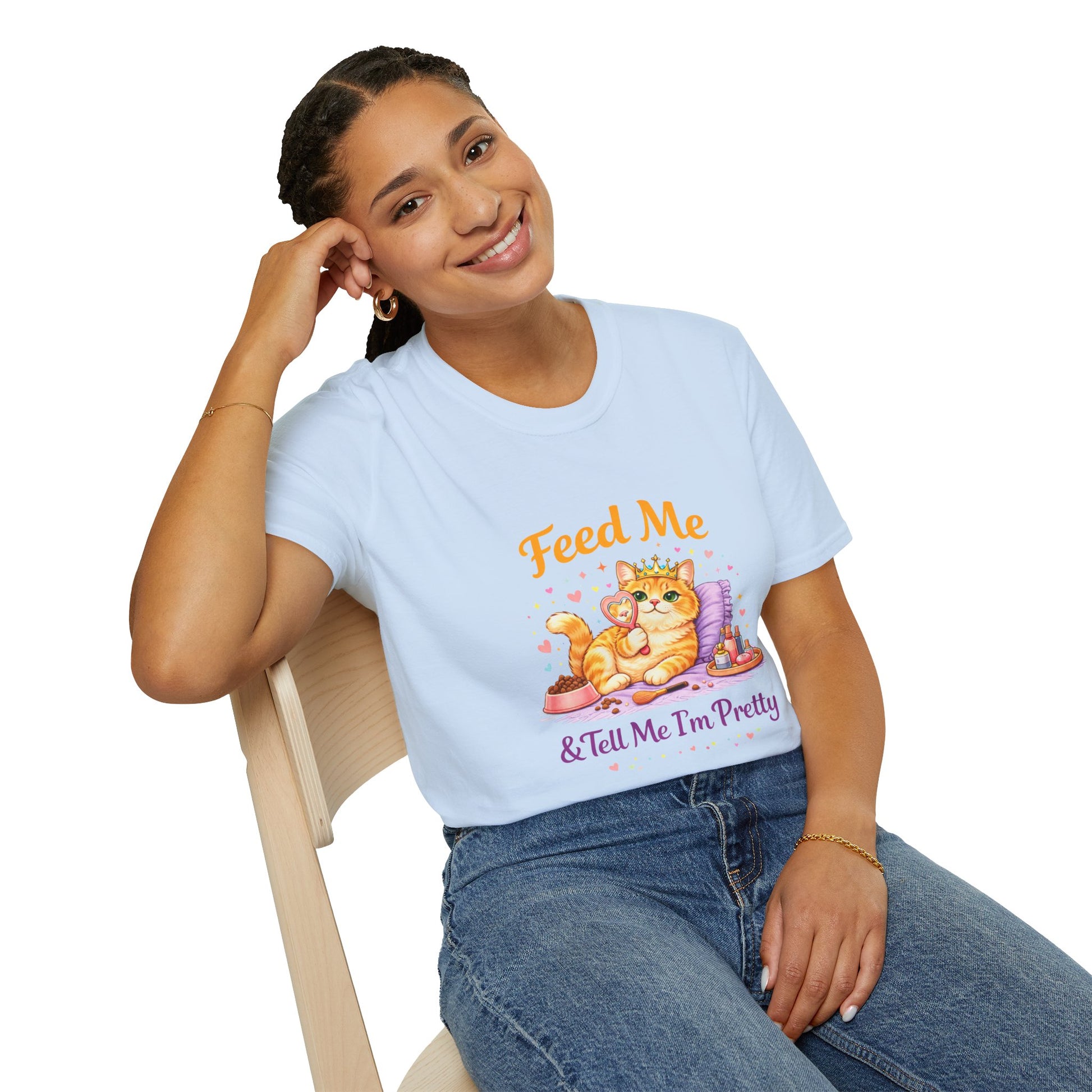 Feed Me & Tell Me I’m Pretty cat t-shirt, adorable kitten princess graphic design, light blue