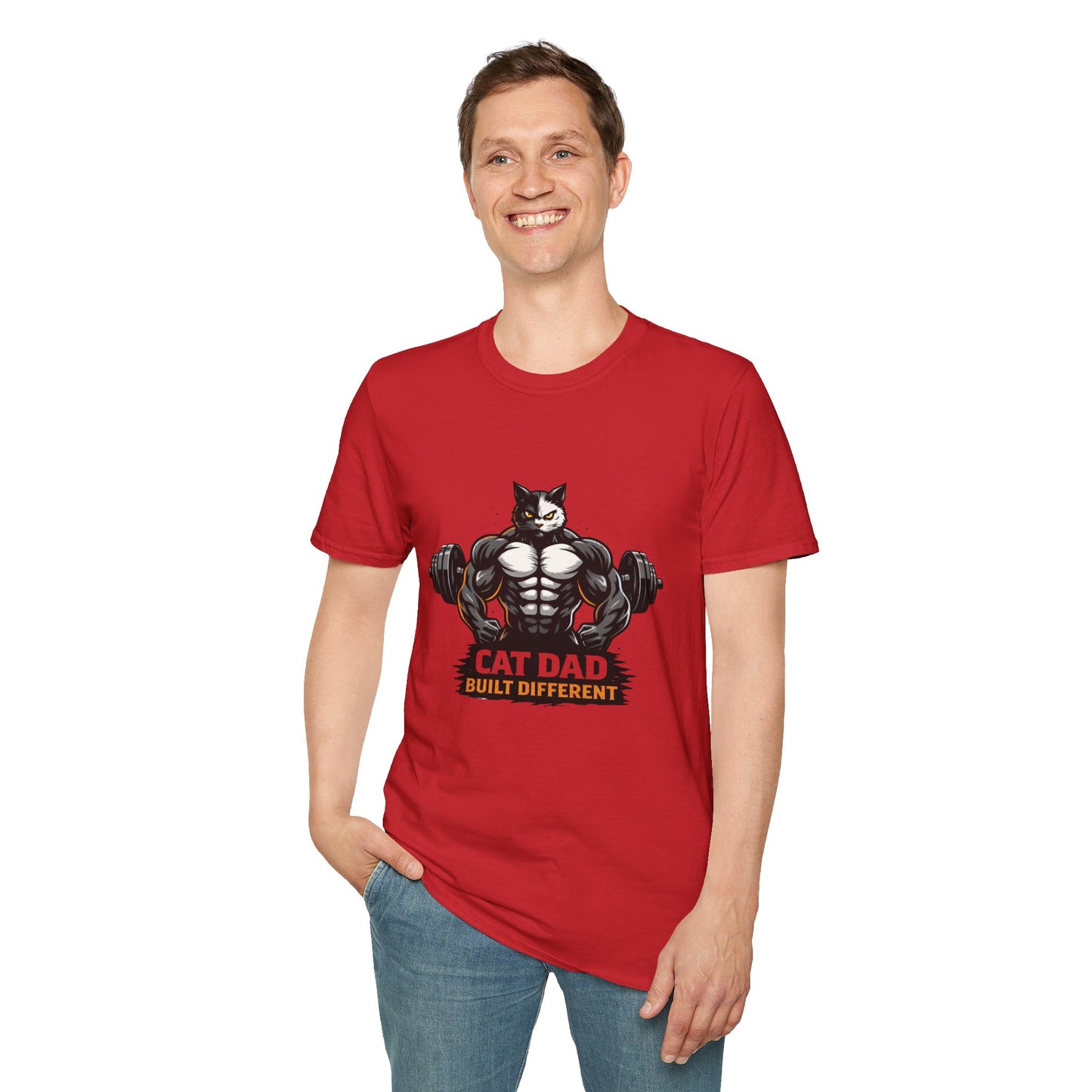 Cat Dad Built Different t-shirt, muscular feline bodybuilder design, funny workout cat dad t-shirt, red