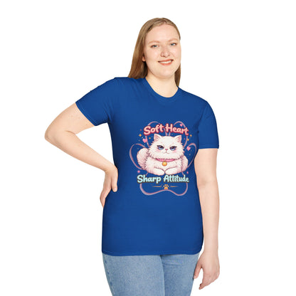 Soft Heart Sharp Attitude cat t-shirt, kawaii fluffy cat design, funny cat lover quote tee, royal blue