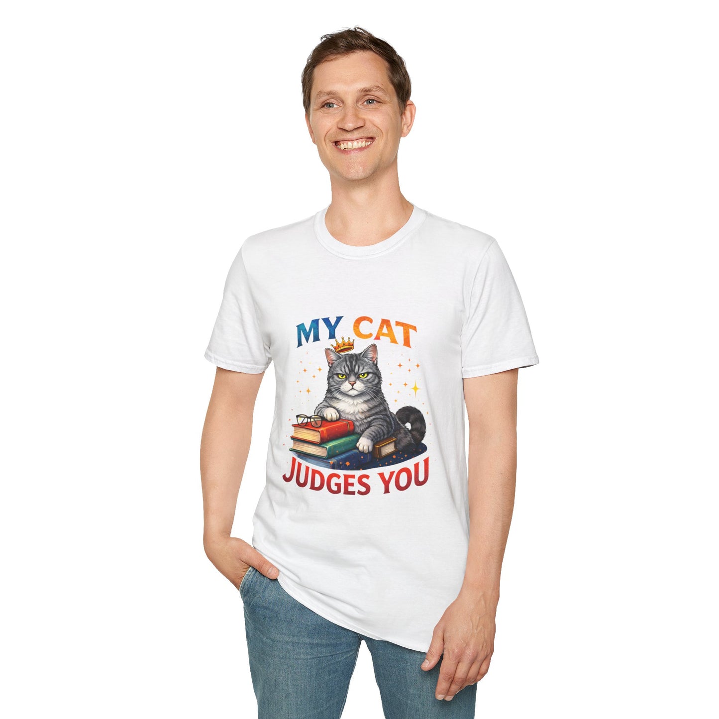 My Cat Judges You t-shirt, gray cat with crown sitting on books graphic, white