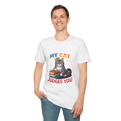 My Cat Judges You t-shirt, gray cat with crown sitting on books graphic, white