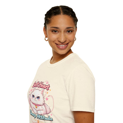 Soft Heart Sharp Attitude cat t-shirt, adorable kitten illustration, funny pet lover quote shirt, natural