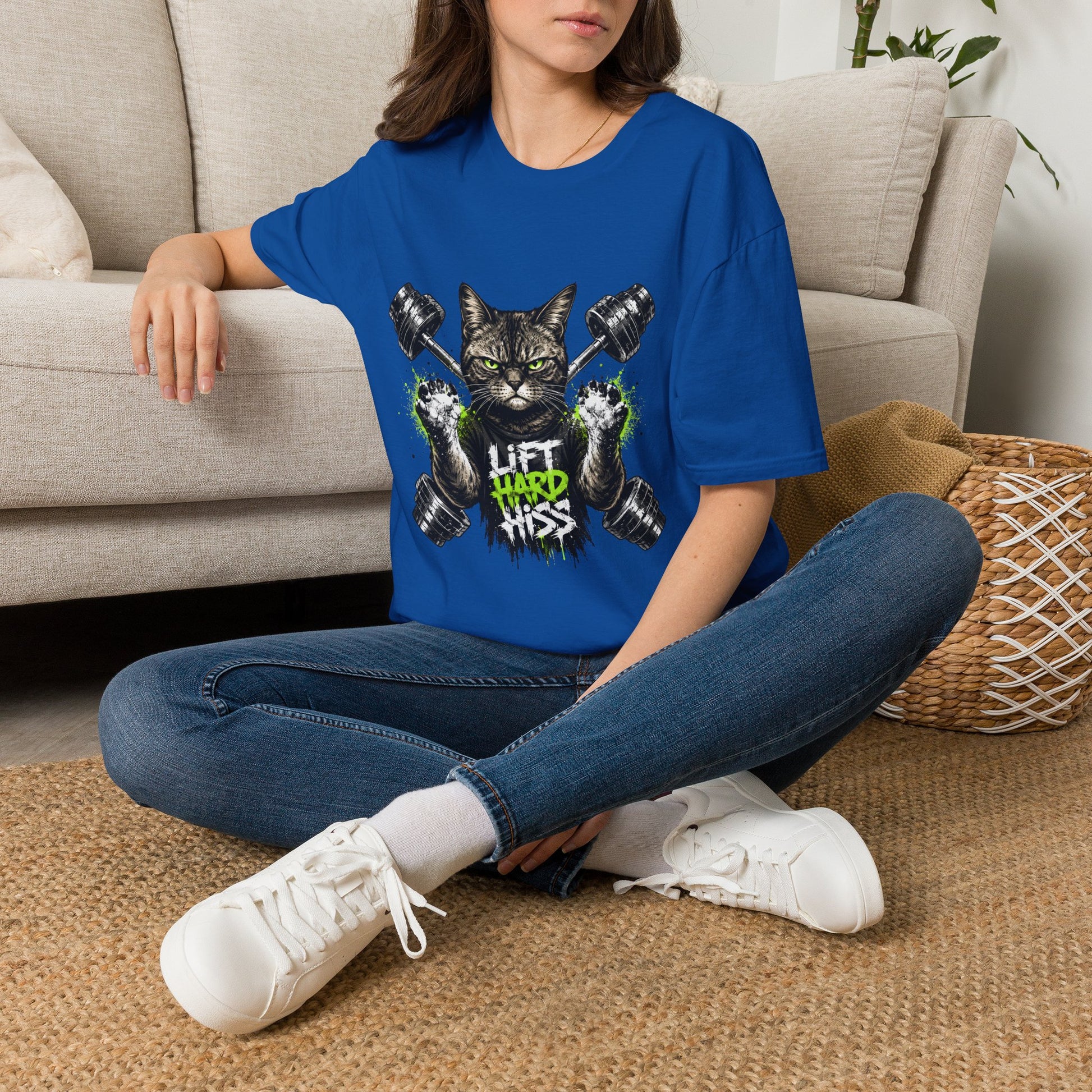 Lift Hard Hiss Harder t-shirt, fitness cat with dumbbells and green accents design, royal
