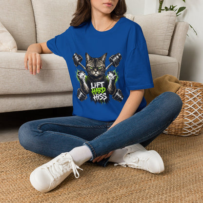 Lift Hard Hiss Harder t-shirt, fitness cat with dumbbells and green accents design, royal