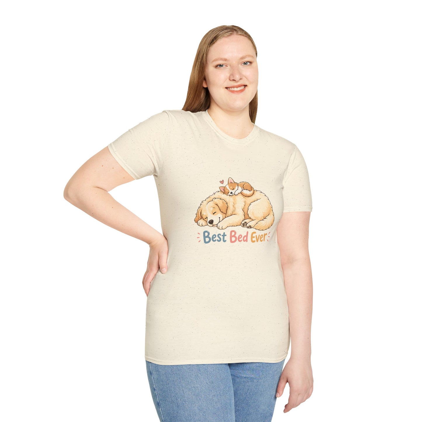 Best Bed Ever t-shirt, cute pet cuddle design with dog and cat, natural