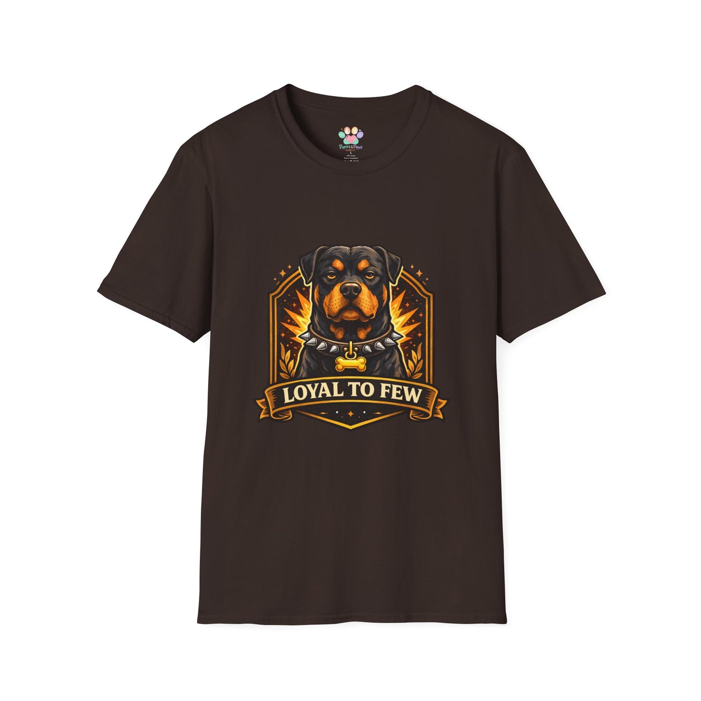 Rottweiler, “Loyal to Few” quote, bold guard dog illustration, dark chocolate