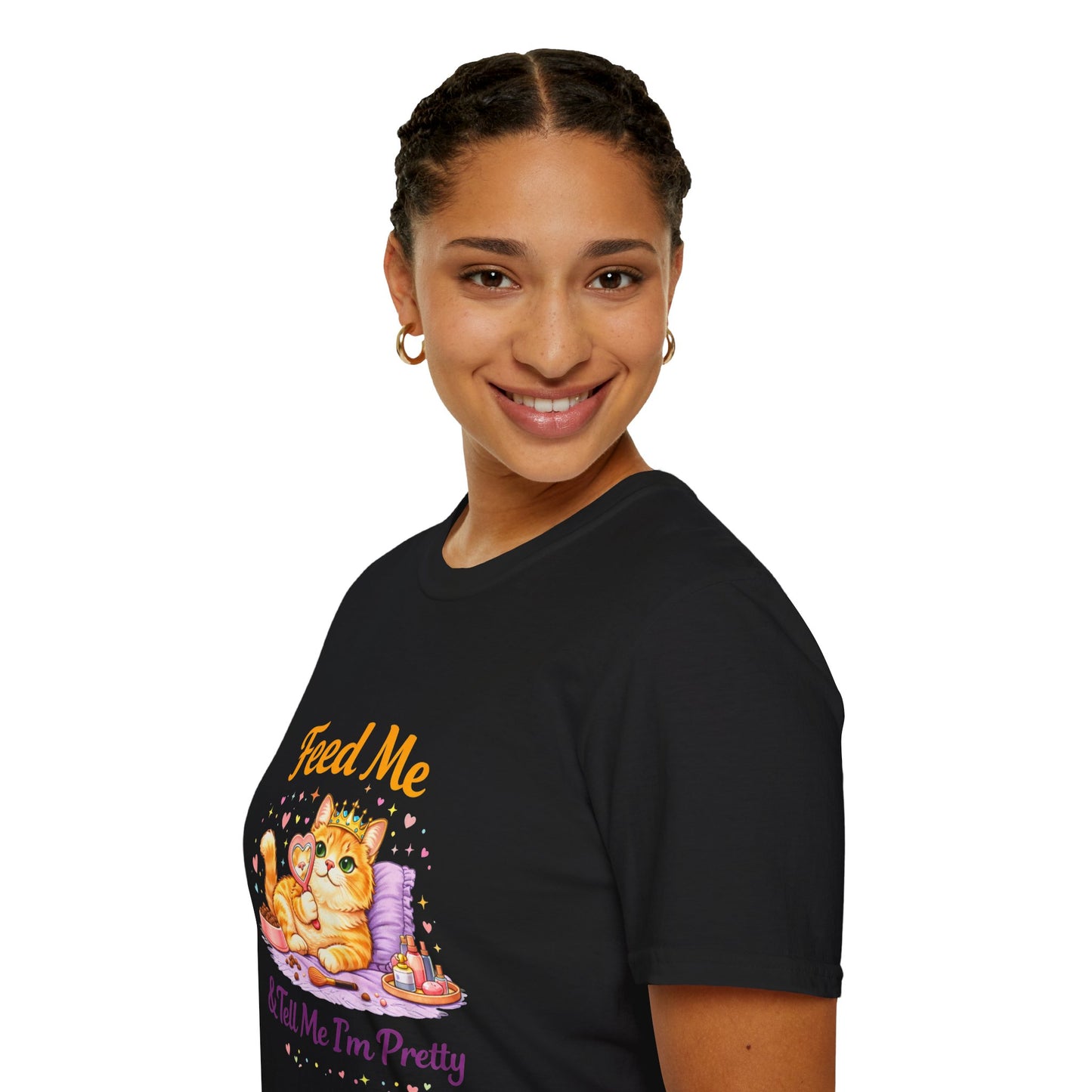 Feed Me & Tell Me I’m Pretty cat t-shirt, kitten princess graphic with food bowl design, black