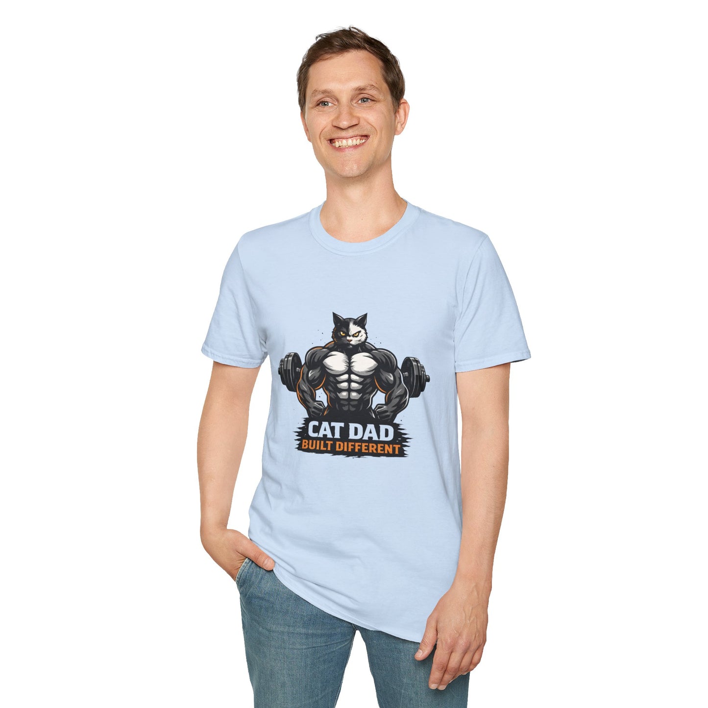 Cat Dad Built Different t-shirt, strong gym cat illustration with weights, fitness cat lover graphic tee, light blue