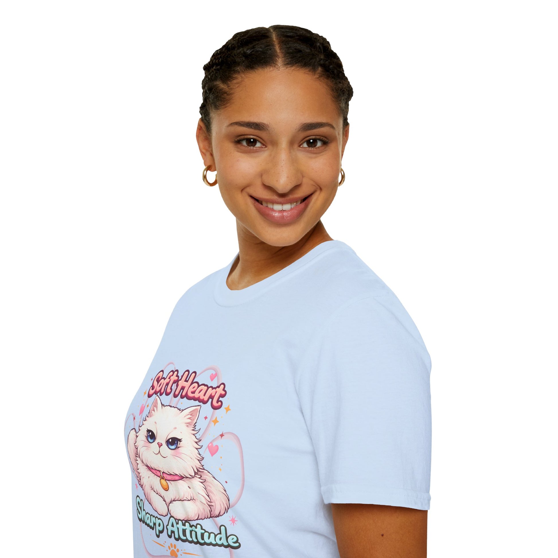 Soft Heart Sharp Attitude cat shirt, adorable fluffy kitten illustration, cute pet lover graphic tee, light blue