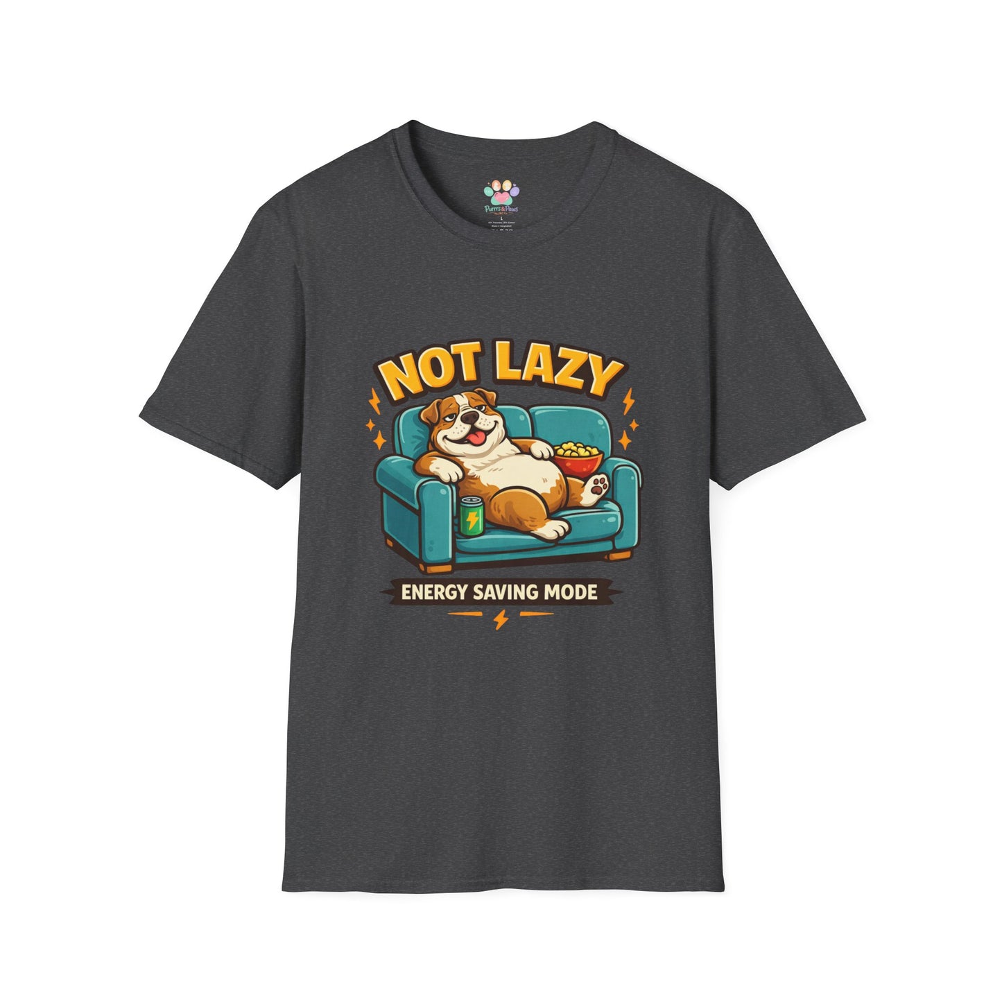 Not Lazy Energy Saving Mode t-shirt, lazy dog lounging graphic design, dark heather