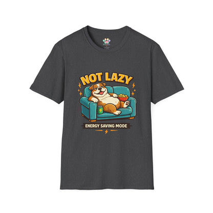 Not Lazy Energy Saving Mode t-shirt, lazy dog lounging graphic design, dark heather