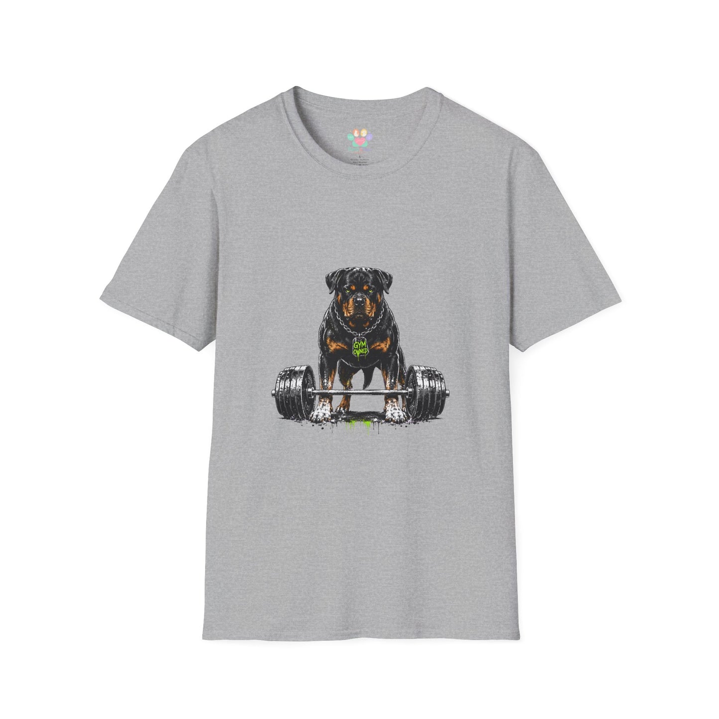 Rottweiler weightlifting t-shirt, dog bodybuilding workout illustration with heavy barbell, sport grey